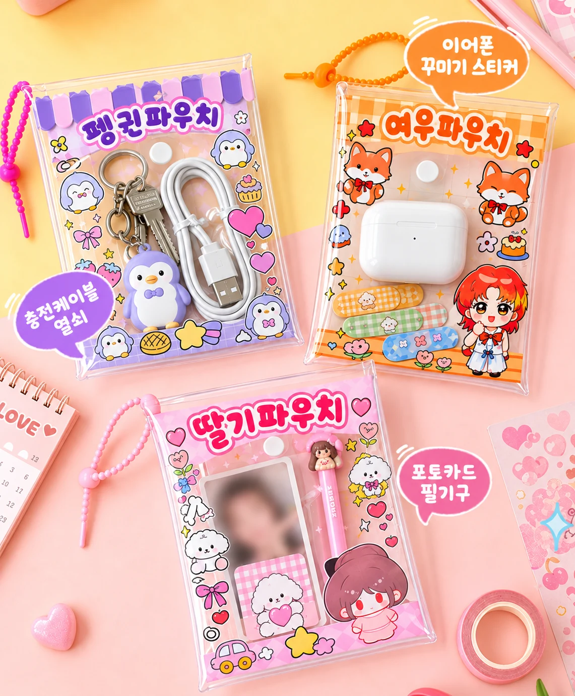 PVC 투명 캐릭터 스냅 수납 파우치